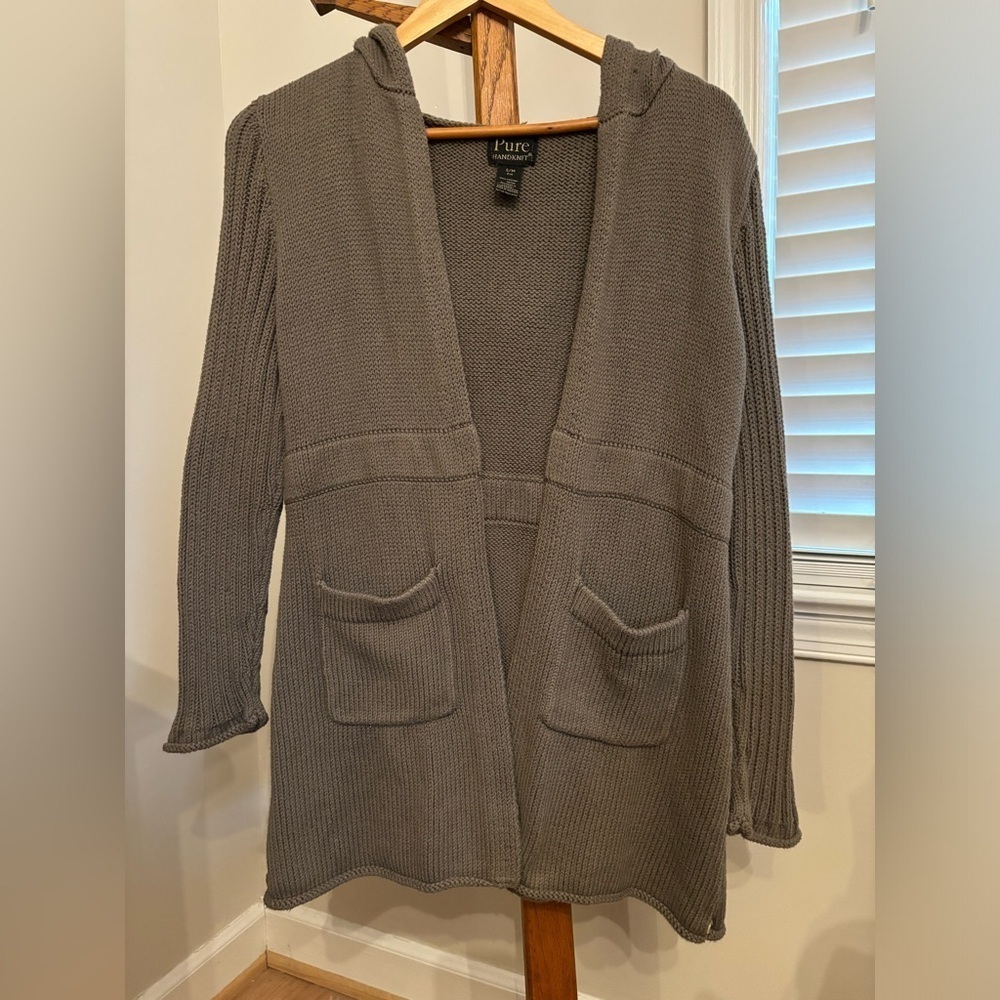Pure Handknit Small Grey Hooded Cardigan 100% Cotton Open Front